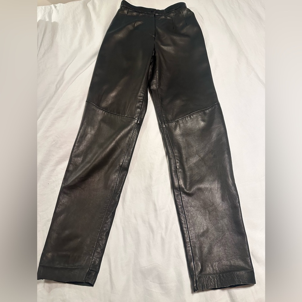 Valerie Steven’s Lambskin New Zealand leather straight leg high waisted pants